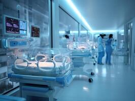 Neonatal room with incubators and medical personnel, ambient blue lighting, focus on transparent incubator, advanced monitoring screens display vital data, clean and modern atmosphere photo