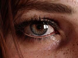 Close-up of a human eye with blue iris, detailed reflections, long eyelashes, and freckles around the area. Eyebrow partially visible above, hair strands frame the eye subtly photo