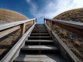 Wooden staircase leads upwards between grassy hills under a vibrant blue sky with wispy clouds. The perspective creates a sense of ascent and outdoor natural exploration photo