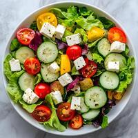 Fresh Greek Salad with Feta Cheese and Mixed Vegetables photo