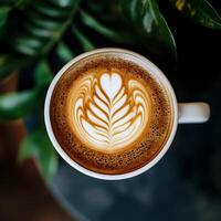 Overhead View of Latte Art in a White Cup with Green Leaves photo