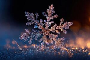 Delicate ice crystal snowflake on a sparkling surface with intricate patterns and details, illuminated by warm glowing light, highlighting its texture and fragile beauty photo