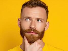 Bearded man with short hair, wearing a yellow shirt, thoughtfully touching his chin and looking upwards, against a vibrant yellow backdrop. His expression suggests deep contemplation photo