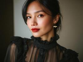 Elegant woman with red lipstick, wearing a sheer black blouse and butterfly earrings, looking confidently at the camera. Her hair is tied back, and she has a serene expression photo