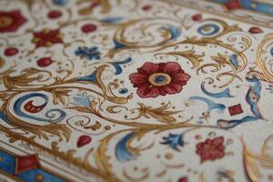 Ornate floral patterns intricately drawn with curved golden lines and red, blue flowers. Rich decorative details on a textured surface, suggesting a classic, elegant design photo