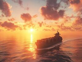 Cargo ship sails through calm water under vibrant orange sunset sky with scattered clouds, creating a serene maritime scene. Sunlight reflects on the ocean, enhancing tranquility photo