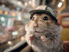 Adorable hamster with curious expression, tiny paws pressed against glass, wears a green cap. Background shows soft focus of indoor setting, evoking a sense of wonder and exploration photo