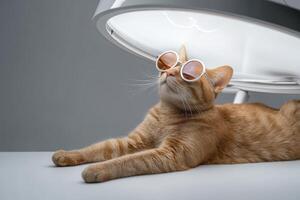 Orange cat lounges wearing round sunglasses under bright light fixture on a minimalist gray surface, creating a stylish and humorous scene. Cat's expression is relaxed, enjoying light photo