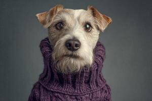 A small dog with brown and white fur, wearing a purple knitted sweater, gazes forward with curious brown eyes. Its ears slightly perked, giving a charming and thoughtful appearance photo