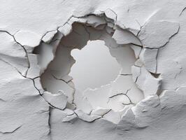Cracked surface with a jagged hole in the center surrounded by peeling layers and deep fissures, conveying a sense of fragility, decay, and imperfection photo