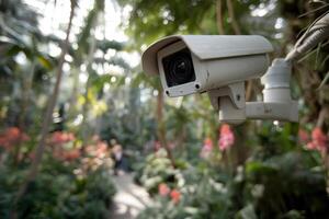 Surveillance camera focuses on a lush, tropical garden scene with vibrant greenery and colorful flowers in soft background, creating a contrast between technology and nature photo