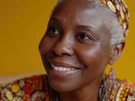 Smiling woman with short gray hair, wearing vibrant patterned clothing and headscarf, adorned with large earrings, exuding warmth and confidence against a soft blurred background photo