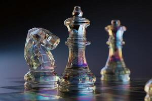 Crystal chess pieces, including a king and a knight, are beautifully lit, showcasing prismatic colors and reflections on a chessboard surface in a captivating composition photo
