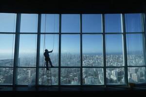 Silhouette of a window cleaner on a ladder, working on a large glass pane in a high-rise building, with a sprawling cityscape visible below through the clear blue sky photo