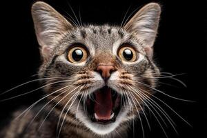 A tabby cat with wide eyes and an open mouth appears startled. Its fur is a mix of brown and black stripes, with prominent whiskers. The expression conveys surprise or excitement photo