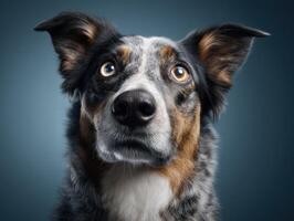 An attentive multicolored dog with striking eyes and perky ears gazes upward. Its fur features gray, brown, black, and white patches, creating a captivating pattern on the dog's face photo