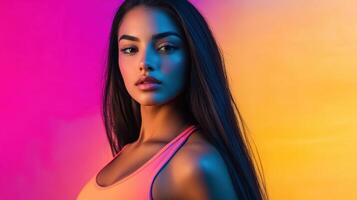 Young woman with long dark hair in a sleeveless top poses against a vibrant gradient background. Her expression is serene, and the colors blend from pink to orange photo