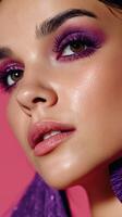 Close-up of a woman's face wearing vibrant purple eyeshadow and long lashes, with glossy lips and a smooth complexion, looking upwards photo