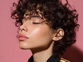 Young person with curly hair in profile, eyes closed, displaying a serene expression. The lighting highlights smooth skin and subtle makeup. Warm tones and soft shadows create a gentle mood photo