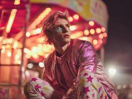 Teen with pink hair in vibrant jacket looks thoughtful, surrounded by carnival lights. Glitter decorates one eye, and pants feature colorful star patterns. Background blends into bright bokeh photo