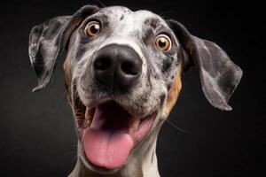 Happy dog with wide eyes and mouth open, displaying a playful and joyous expression. The dog has a mix of black, white, and brown fur, with its tongue sticking out exuberantly photo