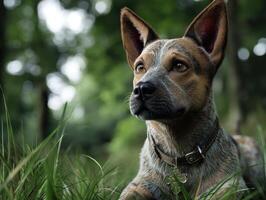 Dog with pointed ears and brown fur, wearing a collar with a tag, lies in tall grass. The background is blurred with green foliage and dappled light creating a serene atmosphere photo