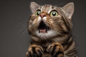 A wide-eyed tabby cat with green eyes and open mouth looks upward, appearing surprised or curious. Its front paws are lifted, and detailed fur patterns are visible photo