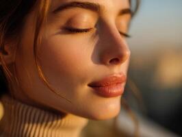 Young woman with closed eyes and relaxed expression, wearing a ribbed turtleneck sweater, bathed in warm, soft golden light, emphasizing flawless skin texture and natural beauty photo