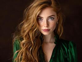 Young woman with long, wavy red hair and freckles gazes intently. She wears a green blouse with a ruffled collar. Hoop earrings subtly accentuate her look, creating a classic aesthetic photo