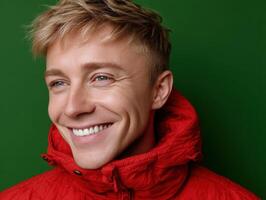 Smiling man with light hair, wearing a bright red jacket, showcasing a cheerful expression. The portrait highlights his clear blue eyes and white teeth, exuding warmth and positivity photo