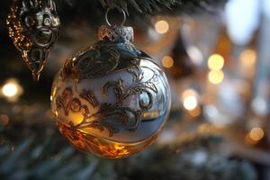 Elegant ornament with intricate gold patterns hangs amid blurred festive lights, casting a warm glow. Green branches create a natural frame, enhancing the holiday atmosphere photo