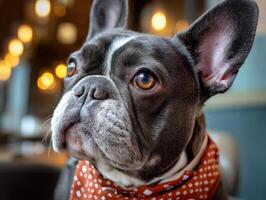Brindle French bulldog with expressive eyes wears a red polka-dotted bandana, gazing intently. Ears perked, whiskers visible. Warm lighting with blurred background creates a cozy effect photo
