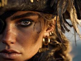 A close-up of a person's face with intense eyes, wearing a feathered hat and an eyepatch. The skin has makeup resembling scars. The atmosphere is adventurous and dramatic photo