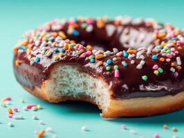Chocolate-glazed donut with colorful sprinkles and a bite taken out of it, surrounded by scattered sprinkles. The donut's texture appears soft and fluffy, enhancing its delicious appeal photo