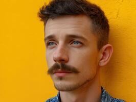 Young man with light eyes gazes upwards, displaying a well-groomed mustache and short hair. Wearing a patterned shirt, he stands against a vivid yellow background, exuding a thoughtful demeanor photo