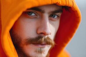 Young man with a focused gaze, wearing a bright orange hooded top. His beard is neatly styled, and he has striking blue eyes, conveying a sense of intensity photo