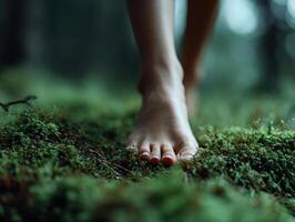 Bare feet gently stepping on lush green moss, surrounded by blurred forest backdrop, creating a serene earthy atmosphere with a sense of harmony, connection, and tranquility photo