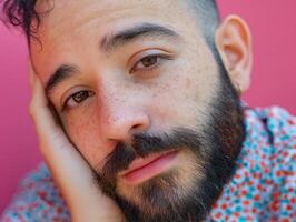 A close-up portrait of a bearded man with freckles, resting his head on his hand, wearing a patterned shirt. He has a thoughtful expression, and the focus is on his expressive eyes photo