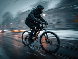 Cyclist dressed in dark clothing rides a mountain bike swiftly through a wet, snowy urban street. Motion blur emphasizes speed and dynamic movement during a winter day photo