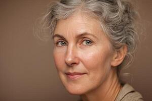 Mature woman with gray hair and subtle smile, showing gentle expression and natural beauty. Soft lighting highlights skin texture, while neutral tones create a soothing, elegant atmosphere photo