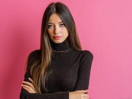 Young woman with long brunette hair and crossed arms wears a ribbed dark turtleneck with a subtle chain necklace, posing confidently with a neutral expression photo