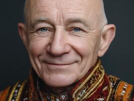 Elderly man with a gentle smile, wearing a colorful traditional patterned garment. His bald head and expressive blue eyes add character to his serene, wise appearance photo