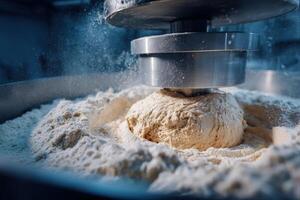 A metal machine kneads a dough ball surrounded by flour. The dough is being pressed under the machine in a mixing bowl. Flour particles are visible in the air around the process photo