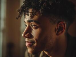 Young man with curly hair gazes thoughtfully to the side, soft lighting highlighting his facial features. Warm tones create a serene and contemplative atmosphere photo