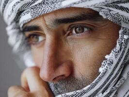 A close-up of a contemplative man with expressive eyes, wearing a traditional patterned headscarf. His hand rests near his face, revealing a thoughtful and introspective expression photo