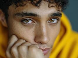 Close-up portrait of person with curly hair, captivating hazel eyes, and a thoughtful expression, wearing a bright yellow hooded garment, resting chin on hand photo