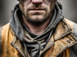 Rugged man in dusty work attire, unshaven chin revealing determination and grit. Worn brown jacket and grey hoodie suggest tough working conditions and resilience in challenging environments photo