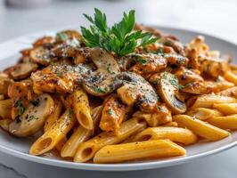 Penne pasta dish served with roasted chicken, sliced mushrooms, and a sprinkle of fresh parsley. The plate features a creamy sauce, and herbs add a touch of green garnish on top photo