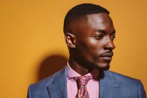 Profile of a man with short hair in a blue suit, pink shirt, and patterned tie. He gazes to the side with a neutral expression, casting a shadow on his face and neck photo