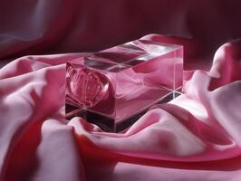 Transparent rectangular glass block with embedded pink heart, resting on soft pink fabric with folds. Light creates reflections and shadows, adding depth and a touch of elegance photo